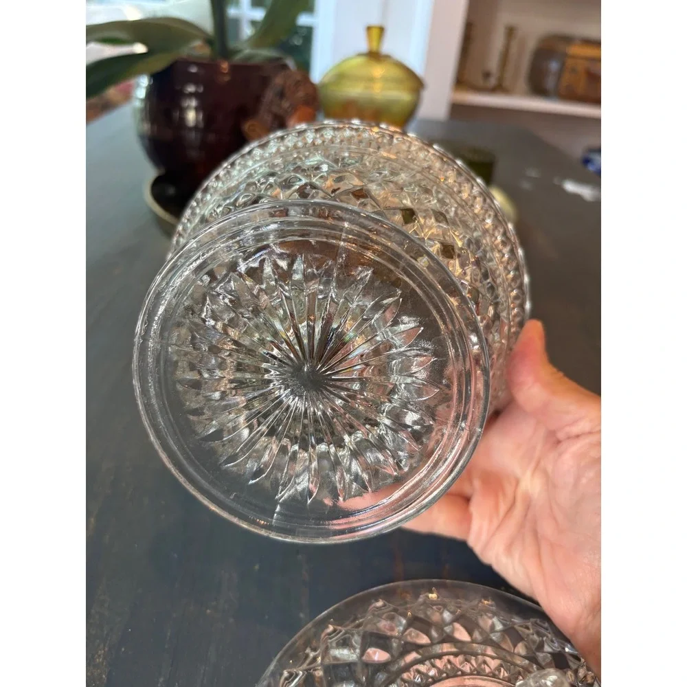 Vintage Clear Pressed Glass Candy Dish with Lid Diamond Point Pedestal Compote